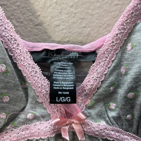 Rene Rofe Pajama Set Babydoll Camisole Chemise Floral Tank Top Padded Gray Sz L - Picture 4 of 5